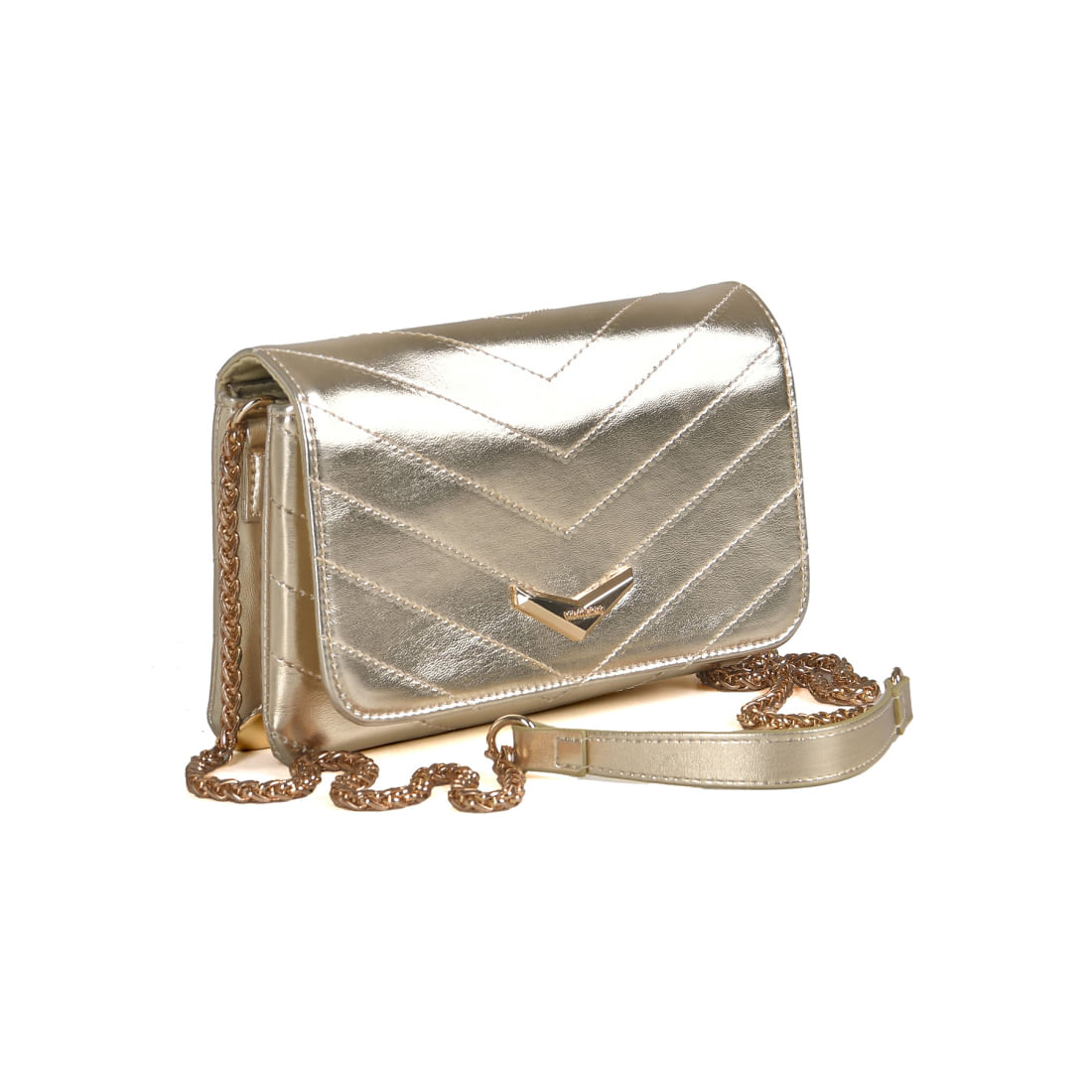 Bolsa Via Marte dourado metalizado vista lateral com fecho metálico e alça de corrente